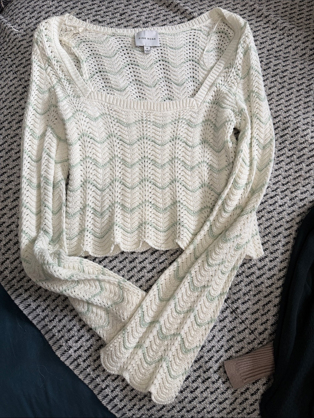 Pink Rose Cream Knit Sweater with Mint Stripe Detail